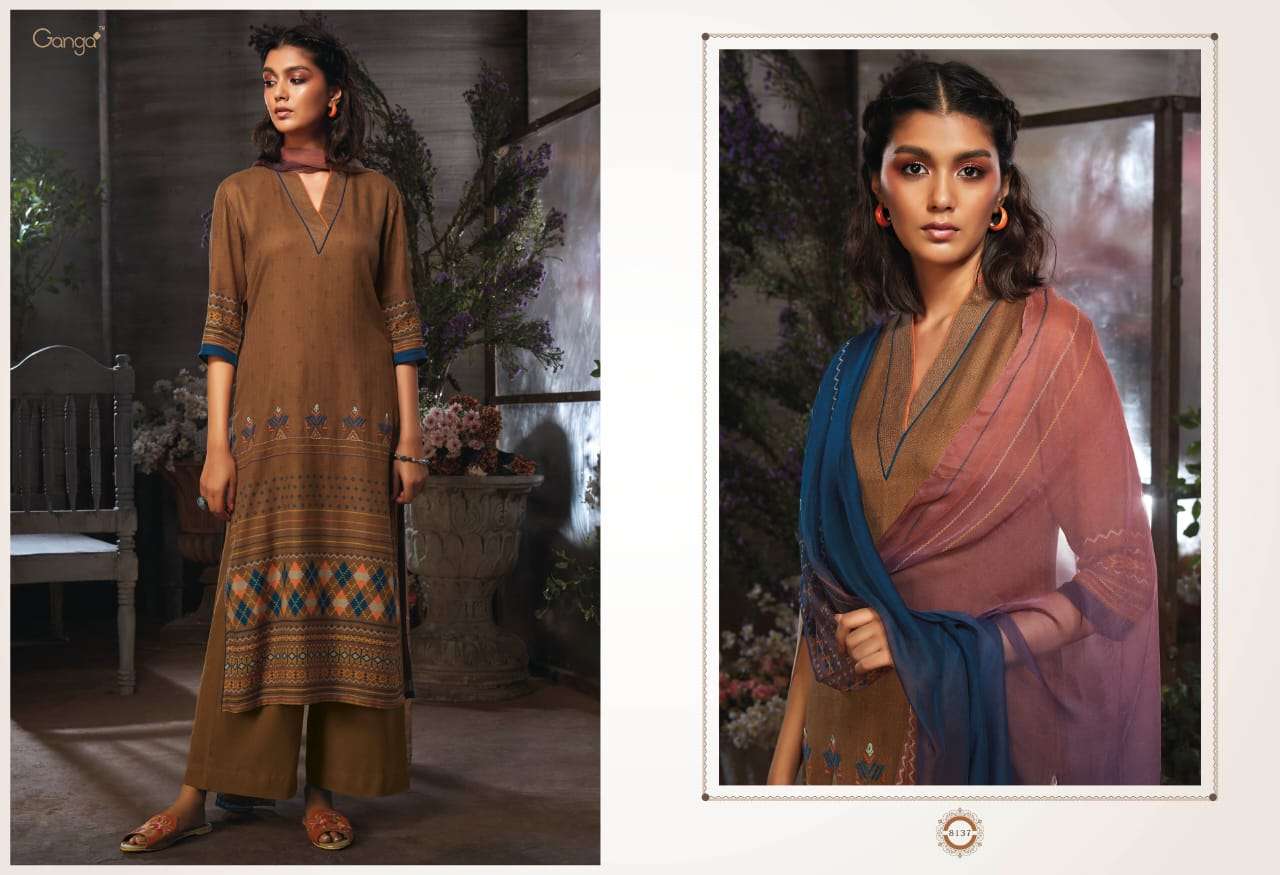 AZEN BY GANGA FASHION 8137 TO 8145 SERIES STYLISH BEAUTIFUL COLOURFUL PRINTED & EMBROIDERED PARTY WEAR & OCCASIONAL WEAR PURE WOOL DOBBY PRINTED DRESSES AT WHOLESALE PRICE