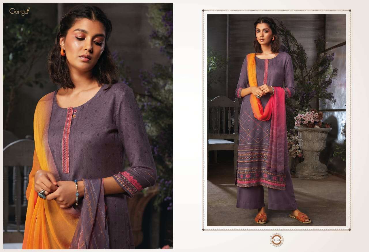 AZEN BY GANGA FASHION 8137 TO 8145 SERIES STYLISH BEAUTIFUL COLOURFUL PRINTED & EMBROIDERED PARTY WEAR & OCCASIONAL WEAR PURE WOOL DOBBY PRINTED DRESSES AT WHOLESALE PRICE