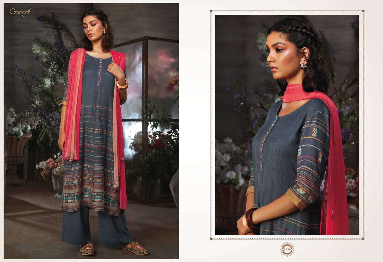 AZEN BY GANGA FASHION 8137 TO 8145 SERIES STYLISH BEAUTIFUL COLOURFUL PRINTED & EMBROIDERED PARTY WEAR & OCCASIONAL WEAR PURE WOOL DOBBY PRINTED DRESSES AT WHOLESALE PRICE
