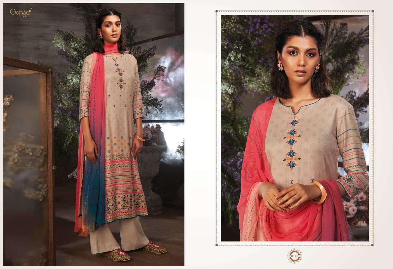 AZEN BY GANGA FASHION 8137 TO 8145 SERIES STYLISH BEAUTIFUL COLOURFUL PRINTED & EMBROIDERED PARTY WEAR & OCCASIONAL WEAR PURE WOOL DOBBY PRINTED DRESSES AT WHOLESALE PRICE