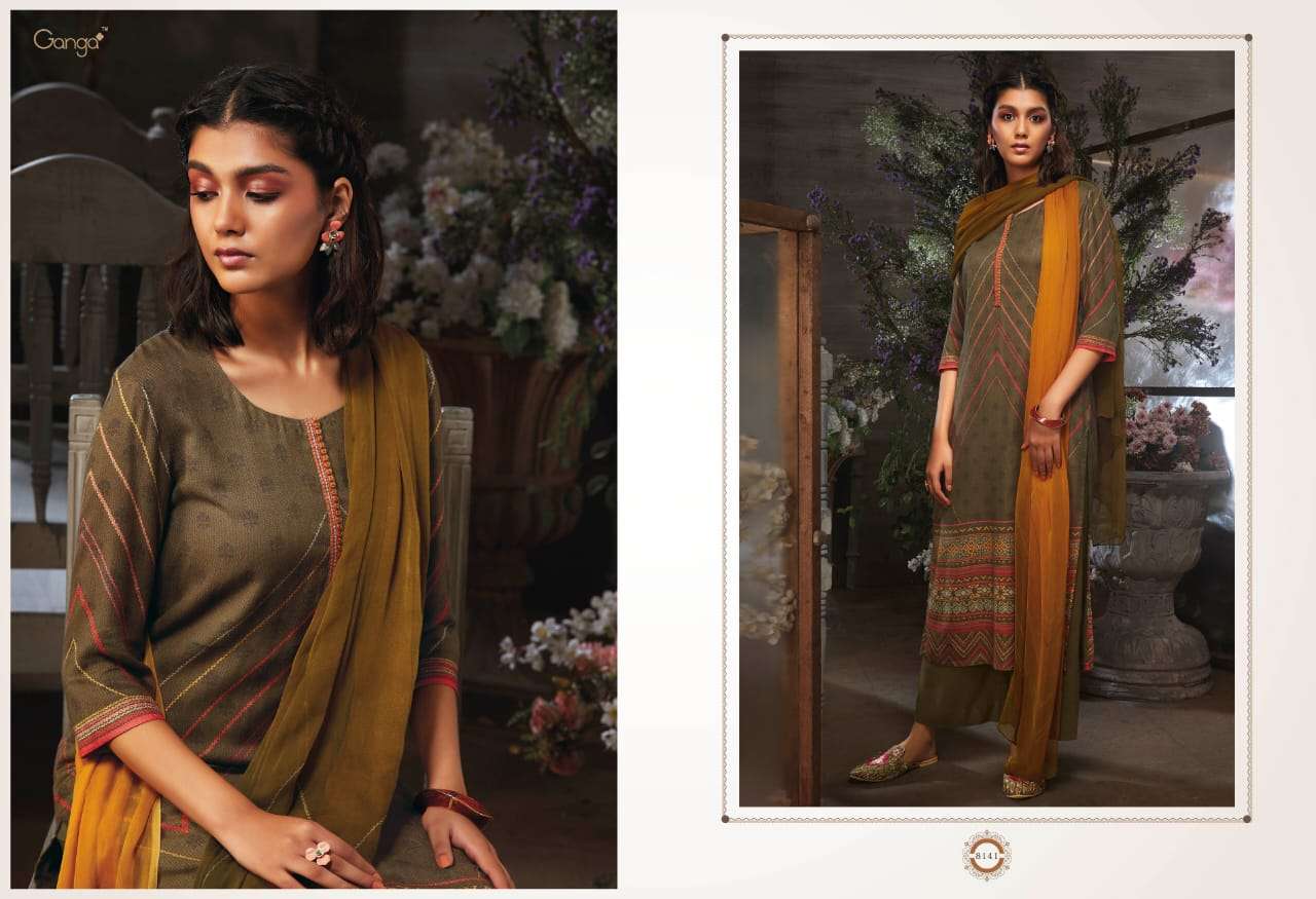 AZEN BY GANGA FASHION 8137 TO 8145 SERIES STYLISH BEAUTIFUL COLOURFUL PRINTED & EMBROIDERED PARTY WEAR & OCCASIONAL WEAR PURE WOOL DOBBY PRINTED DRESSES AT WHOLESALE PRICE