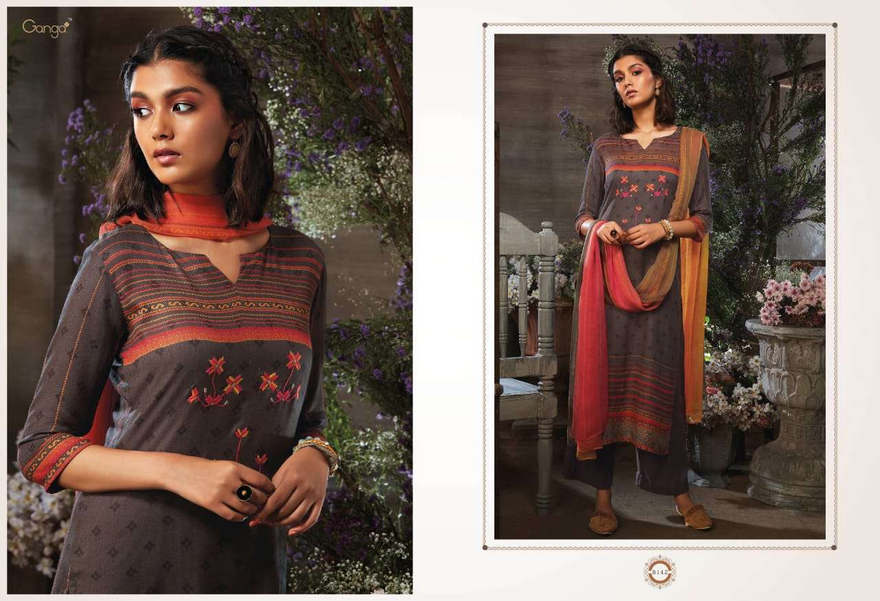 AZEN BY GANGA FASHION 8137 TO 8145 SERIES STYLISH BEAUTIFUL COLOURFUL PRINTED & EMBROIDERED PARTY WEAR & OCCASIONAL WEAR PURE WOOL DOBBY PRINTED DRESSES AT WHOLESALE PRICE