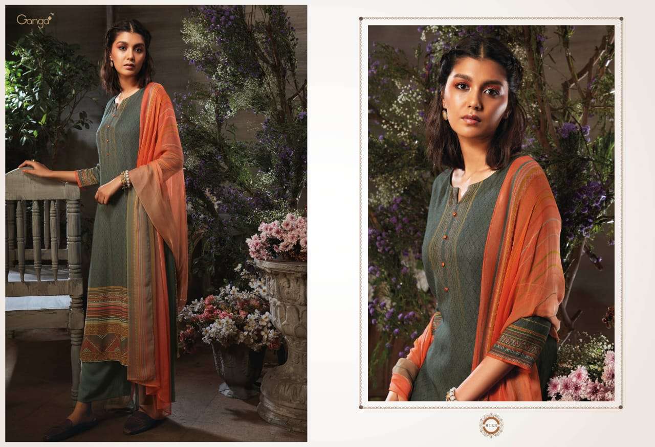 AZEN BY GANGA FASHION 8137 TO 8145 SERIES STYLISH BEAUTIFUL COLOURFUL PRINTED & EMBROIDERED PARTY WEAR & OCCASIONAL WEAR PURE WOOL DOBBY PRINTED DRESSES AT WHOLESALE PRICE