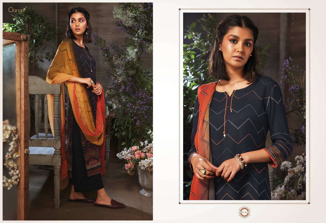 AZEN BY GANGA FASHION 8137 TO 8145 SERIES STYLISH BEAUTIFUL COLOURFUL PRINTED & EMBROIDERED PARTY WEAR & OCCASIONAL WEAR PURE WOOL DOBBY PRINTED DRESSES AT WHOLESALE PRICE
