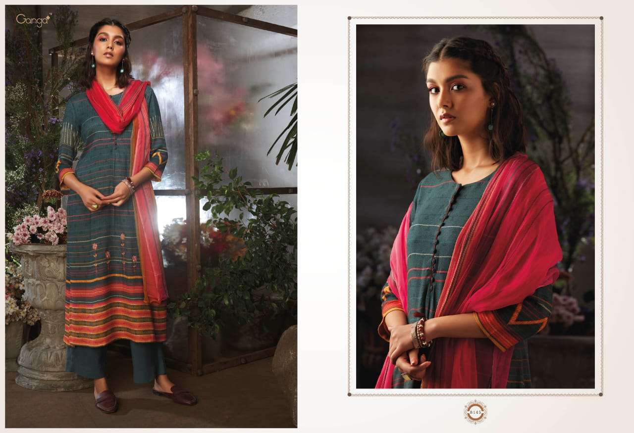 AZEN BY GANGA FASHION 8137 TO 8145 SERIES STYLISH BEAUTIFUL COLOURFUL PRINTED & EMBROIDERED PARTY WEAR & OCCASIONAL WEAR PURE WOOL DOBBY PRINTED DRESSES AT WHOLESALE PRICE