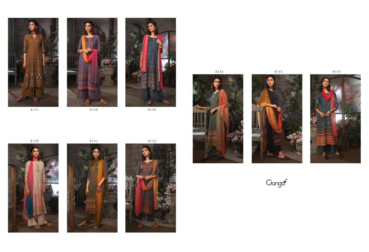 AZEN BY GANGA FASHION 8137 TO 8145 SERIES STYLISH BEAUTIFUL COLOURFUL PRINTED & EMBROIDERED PARTY WEAR & OCCASIONAL WEAR PURE WOOL DOBBY PRINTED DRESSES AT WHOLESALE PRICE