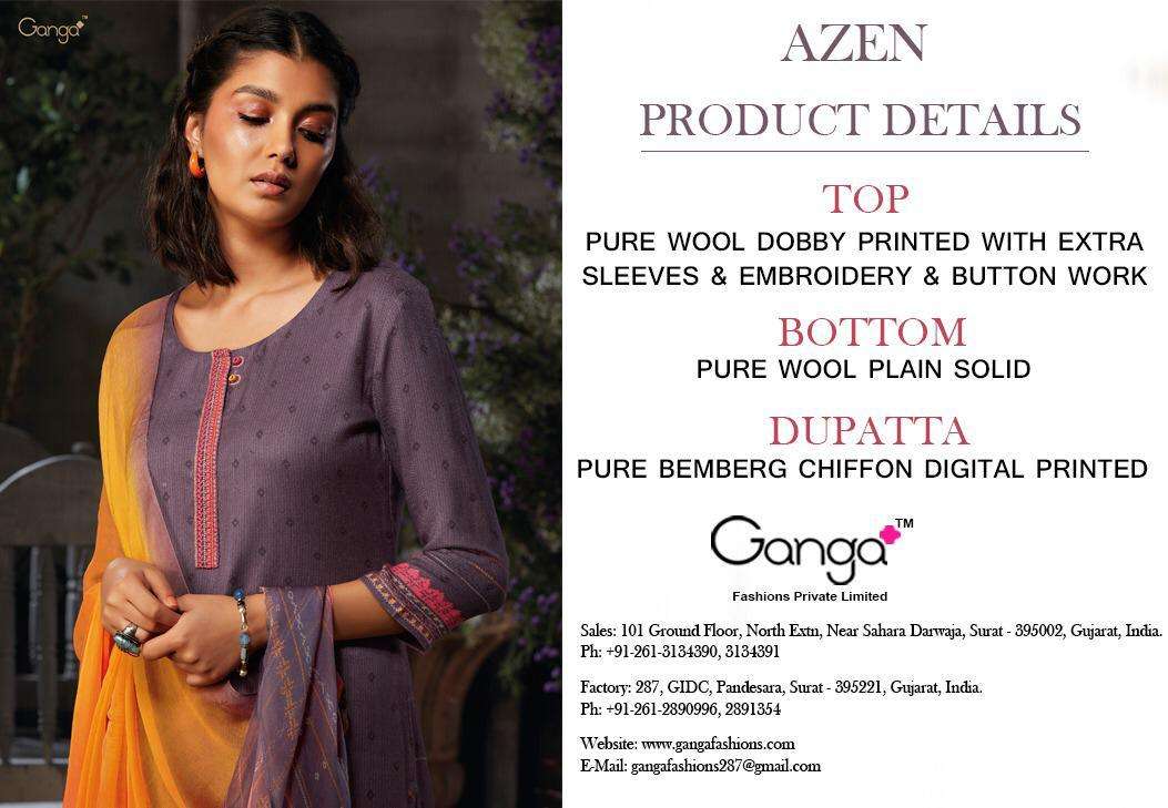 AZEN BY GANGA FASHION 8137 TO 8145 SERIES STYLISH BEAUTIFUL COLOURFUL PRINTED & EMBROIDERED PARTY WEAR & OCCASIONAL WEAR PURE WOOL DOBBY PRINTED DRESSES AT WHOLESALE PRICE
