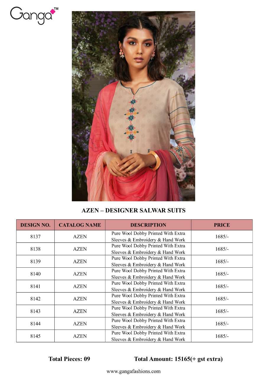 AZEN BY GANGA FASHION 8137 TO 8145 SERIES STYLISH BEAUTIFUL COLOURFUL PRINTED & EMBROIDERED PARTY WEAR & OCCASIONAL WEAR PURE WOOL DOBBY PRINTED DRESSES AT WHOLESALE PRICE