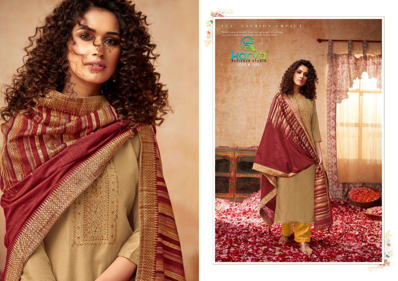 PASHMINA ROSE GOLD BY KARVA DESIGNER STUDIO 15001 TO 15006 SERIES STYLISH BEAUTIFUL COLOURFUL PRINTED & EMBROIDERED PARTY WEAR & OCCASIONAL WEAR PURE PASHMINA WITH EMBROIDERY DRESSES AT WHOLESALE PRICE