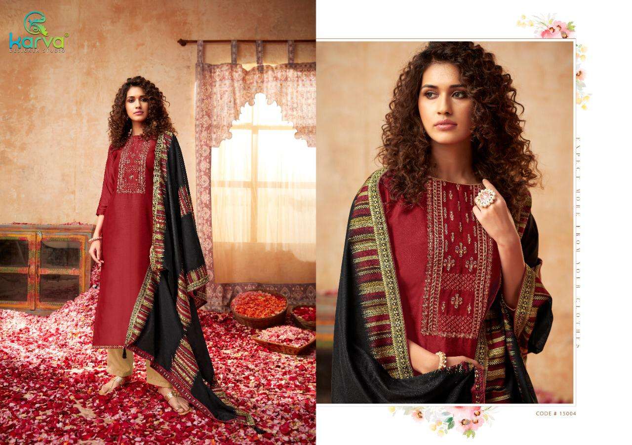 PASHMINA ROSE GOLD BY KARVA DESIGNER STUDIO 15001 TO 15006 SERIES STYLISH BEAUTIFUL COLOURFUL PRINTED & EMBROIDERED PARTY WEAR & OCCASIONAL WEAR PURE PASHMINA WITH EMBROIDERY DRESSES AT WHOLESALE PRICE