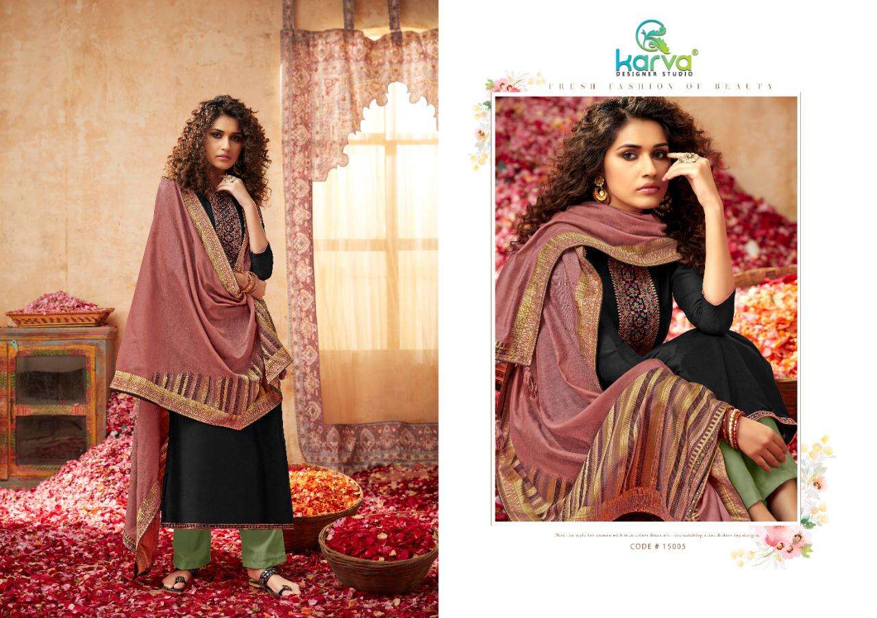 PASHMINA ROSE GOLD BY KARVA DESIGNER STUDIO 15001 TO 15006 SERIES STYLISH BEAUTIFUL COLOURFUL PRINTED & EMBROIDERED PARTY WEAR & OCCASIONAL WEAR PURE PASHMINA WITH EMBROIDERY DRESSES AT WHOLESALE PRICE