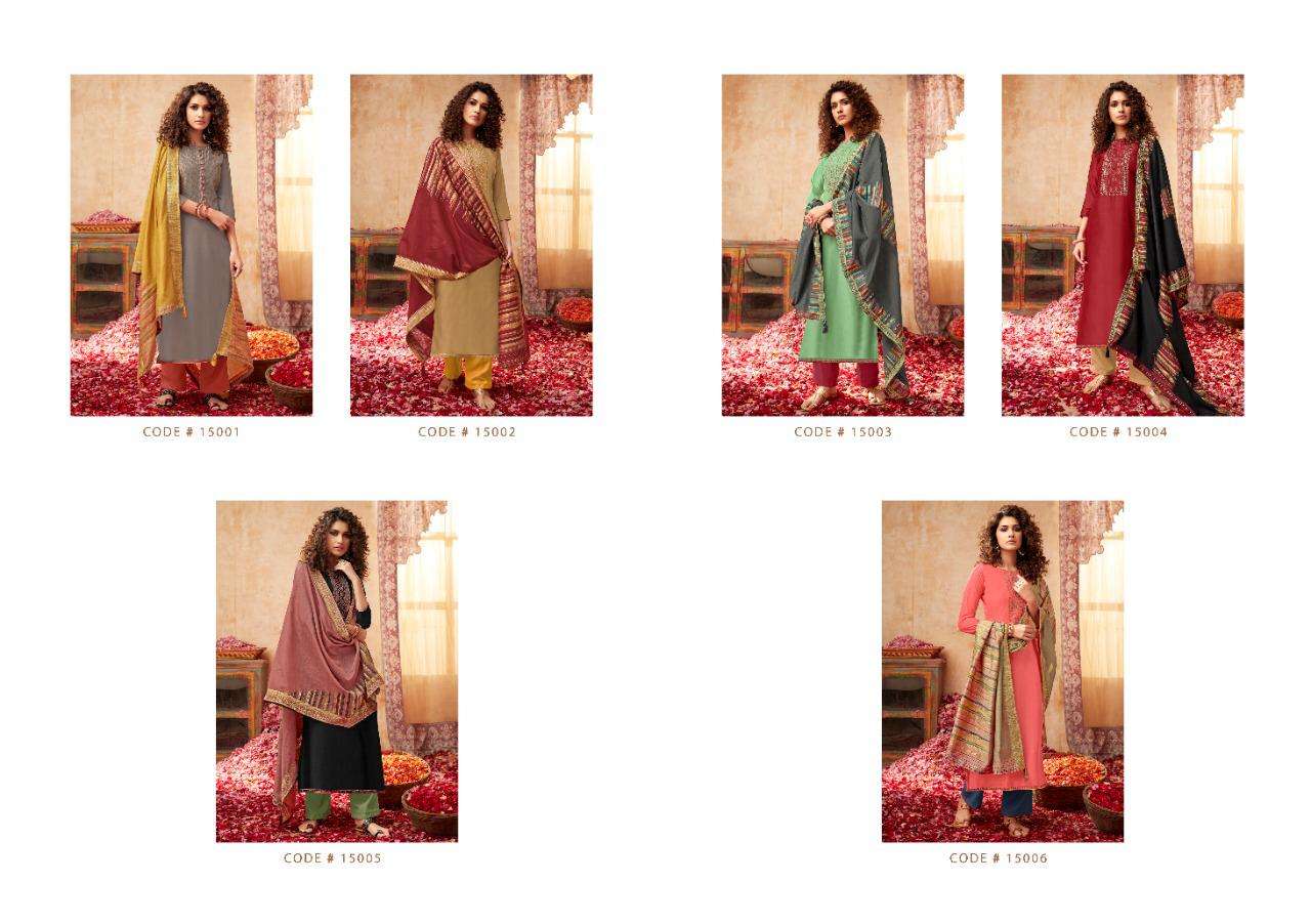 PASHMINA ROSE GOLD BY KARVA DESIGNER STUDIO 15001 TO 15006 SERIES STYLISH BEAUTIFUL COLOURFUL PRINTED & EMBROIDERED PARTY WEAR & OCCASIONAL WEAR PURE PASHMINA WITH EMBROIDERY DRESSES AT WHOLESALE PRICE