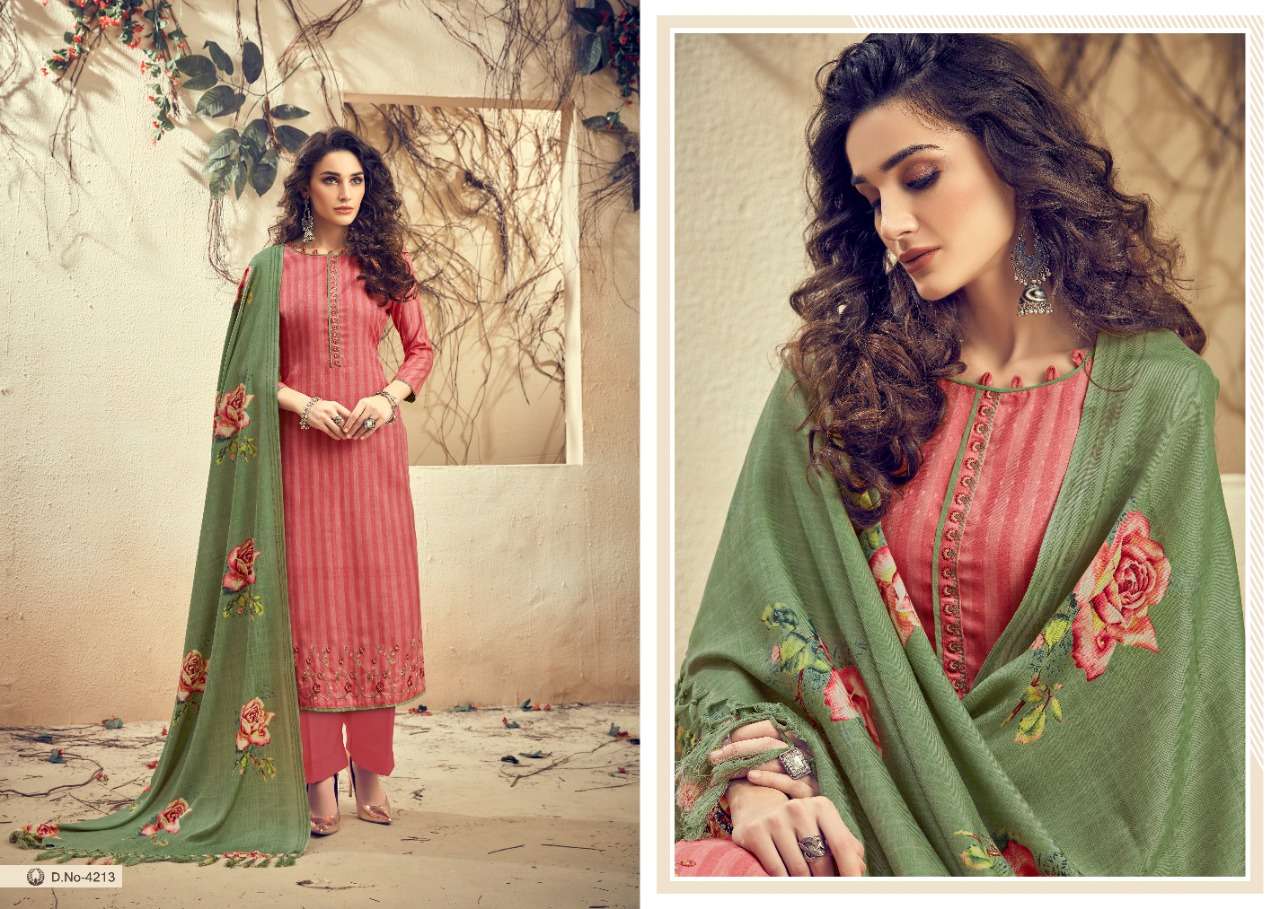 THE MAGNET BY KALYAN PRINTS 4213 TO 4220 SERIES STYLISH BEAUTIFUL COLOURFUL PRINTED & EMBROIDERED PARTY WEAR & OCCASIONAL WEAR PURE PASHMINA PRINTED WITH FANCY SELF EMBROIDERY DRESSES AT WHOLESALE PRICE