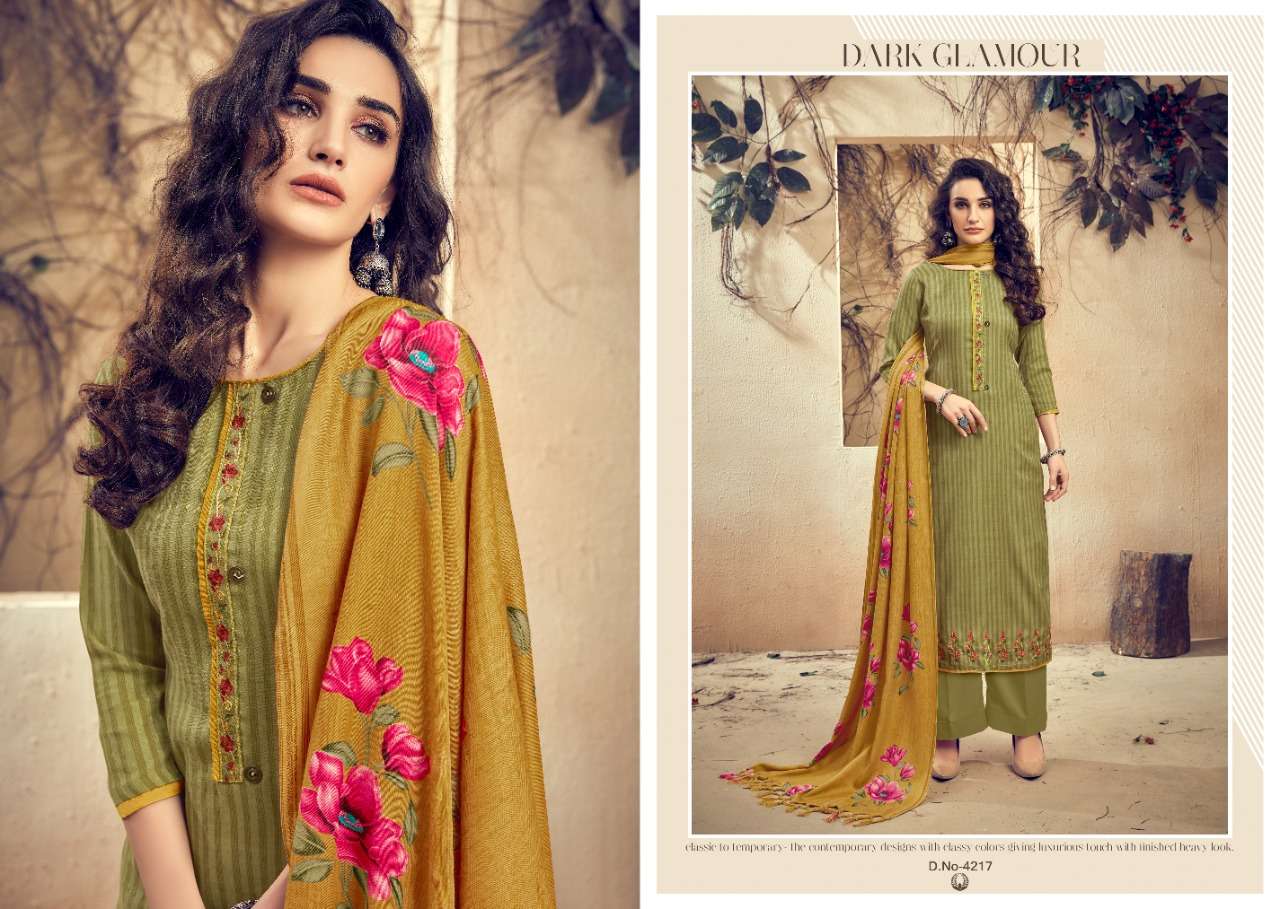THE MAGNET BY KALYAN PRINTS 4213 TO 4220 SERIES STYLISH BEAUTIFUL COLOURFUL PRINTED & EMBROIDERED PARTY WEAR & OCCASIONAL WEAR PURE PASHMINA PRINTED WITH FANCY SELF EMBROIDERY DRESSES AT WHOLESALE PRICE