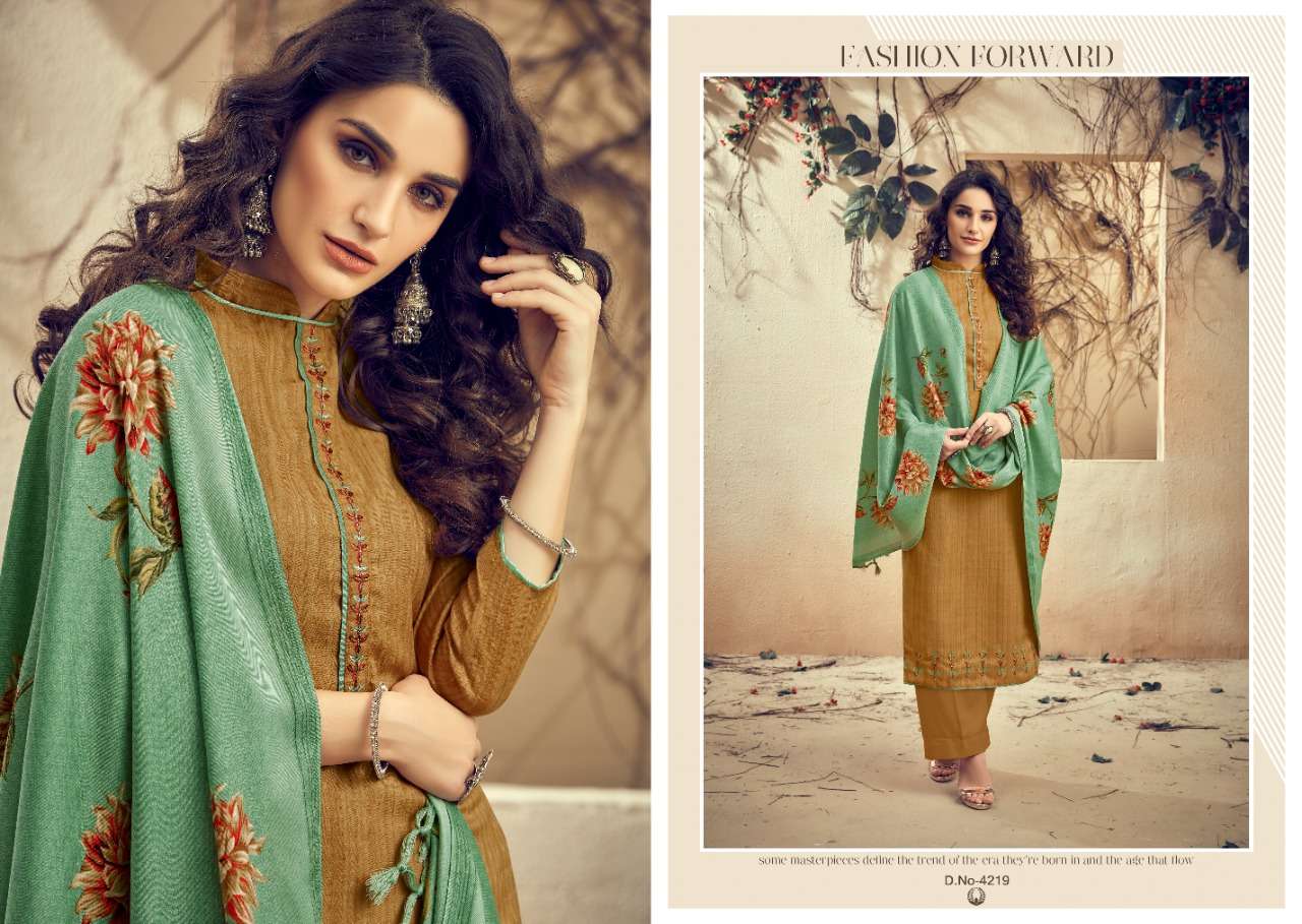 THE MAGNET BY KALYAN PRINTS 4213 TO 4220 SERIES STYLISH BEAUTIFUL COLOURFUL PRINTED & EMBROIDERED PARTY WEAR & OCCASIONAL WEAR PURE PASHMINA PRINTED WITH FANCY SELF EMBROIDERY DRESSES AT WHOLESALE PRICE