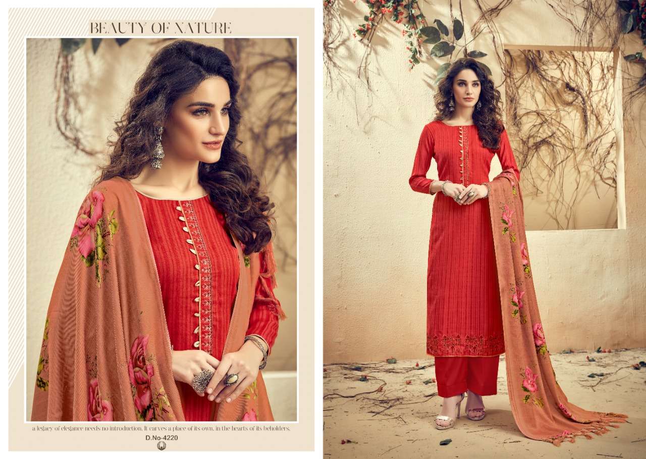 THE MAGNET BY KALYAN PRINTS 4213 TO 4220 SERIES STYLISH BEAUTIFUL COLOURFUL PRINTED & EMBROIDERED PARTY WEAR & OCCASIONAL WEAR PURE PASHMINA PRINTED WITH FANCY SELF EMBROIDERY DRESSES AT WHOLESALE PRICE