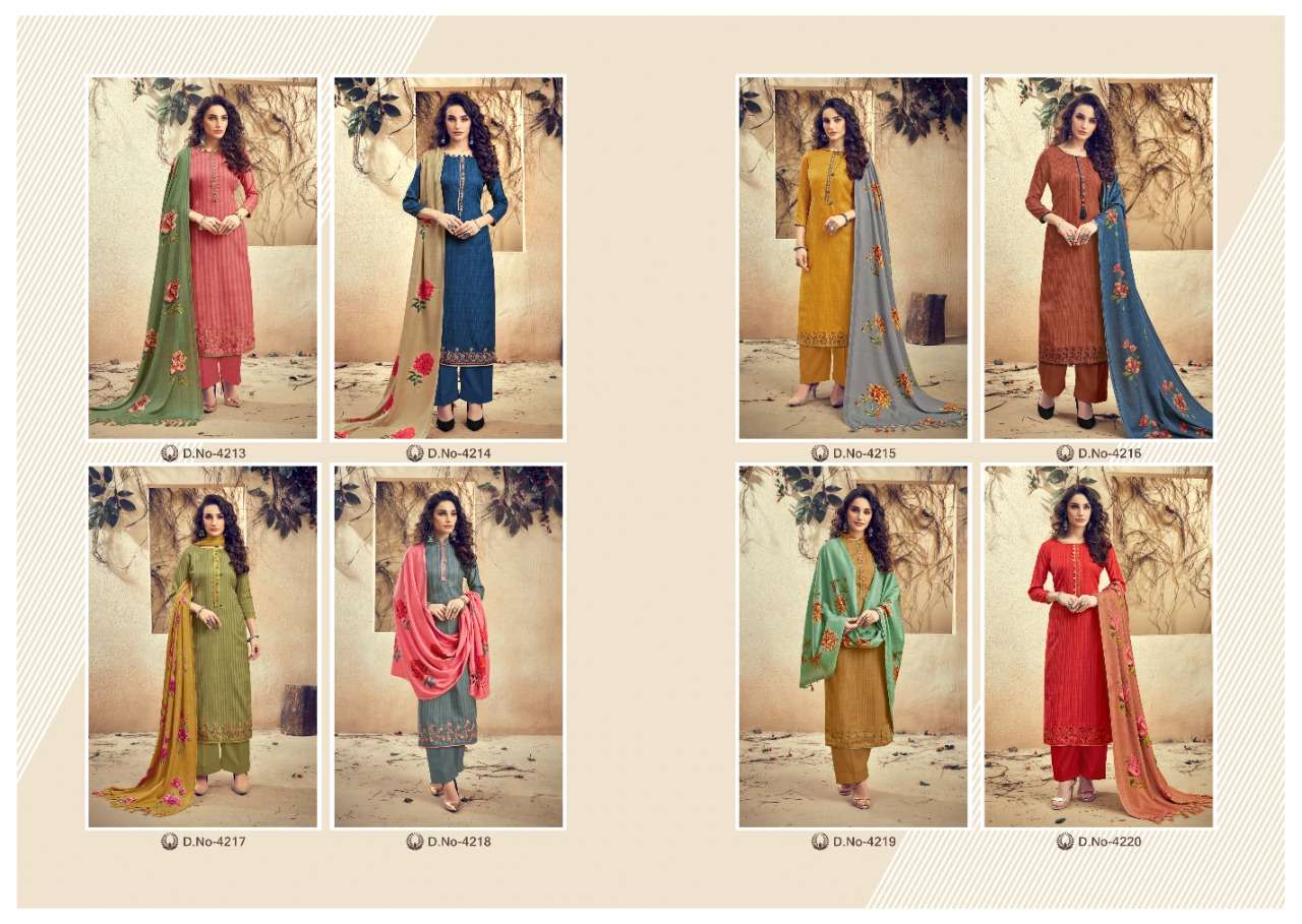 THE MAGNET BY KALYAN PRINTS 4213 TO 4220 SERIES STYLISH BEAUTIFUL COLOURFUL PRINTED & EMBROIDERED PARTY WEAR & OCCASIONAL WEAR PURE PASHMINA PRINTED WITH FANCY SELF EMBROIDERY DRESSES AT WHOLESALE PRICE