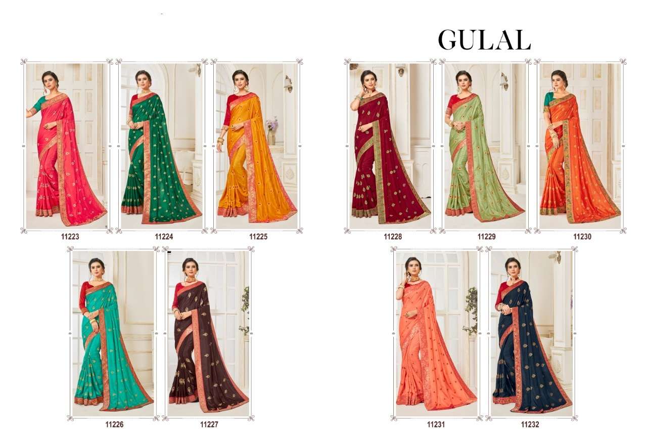 GULAL BY INDIAN WOMEN 11223 TO 11232 SERIES INDIAN TRADITIONAL WEAR COLLECTION BEAUTIFUL STYLISH FANCY COLORFUL PARTY WEAR & ETHNIC WEAR TWO TON SILK JACQUARD SAREES AT WHOLESALE PRICE