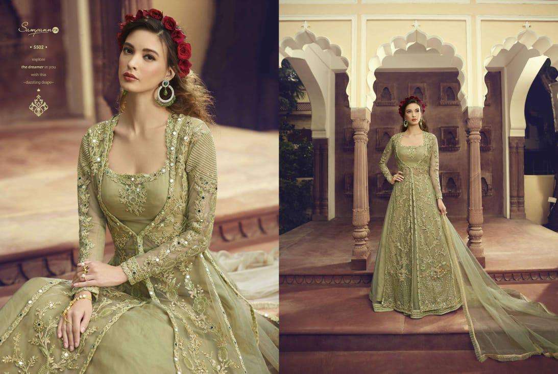 SAGA VOL-5 BY SAMPANN NX 5501 TO 5507 SERIES ANARKALI DESIGNER BEAUTIFUL SUITS COLORFUL STYLISH FANCY CASUAL WEAR & ETHNIC WEAR BUTTERFLY NET/SILK DRESSES AT WHOLESALE PRICE