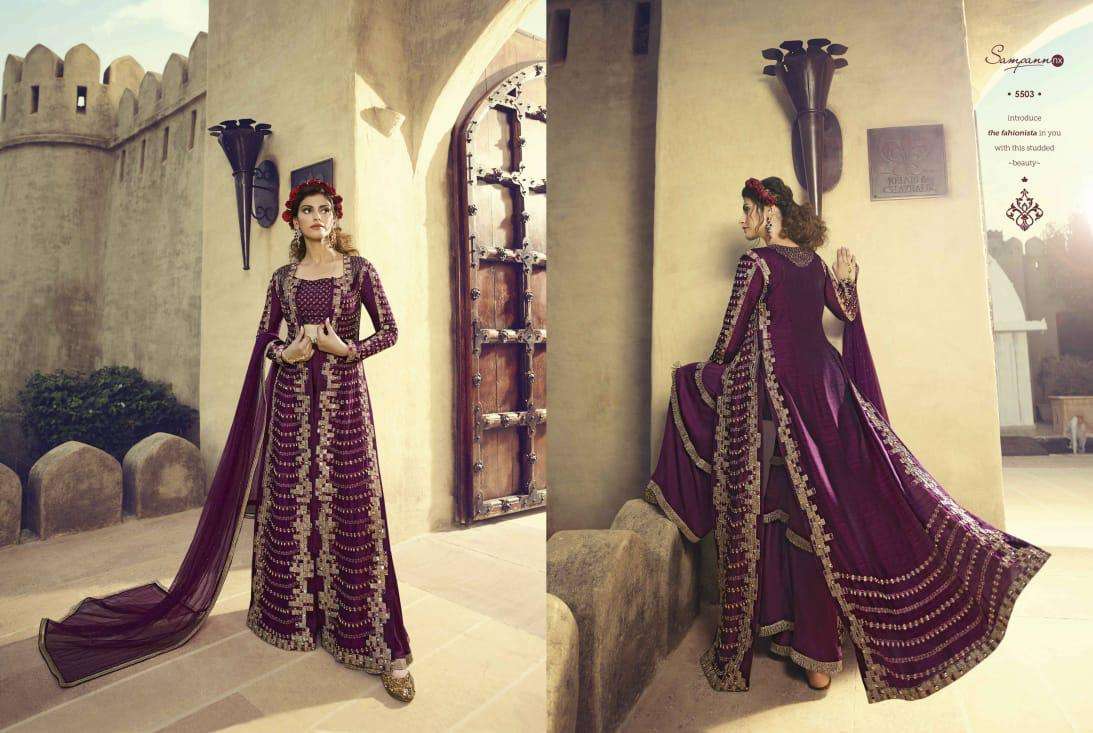 SAGA VOL-5 BY SAMPANN NX 5501 TO 5507 SERIES ANARKALI DESIGNER BEAUTIFUL SUITS COLORFUL STYLISH FANCY CASUAL WEAR & ETHNIC WEAR BUTTERFLY NET/SILK DRESSES AT WHOLESALE PRICE
