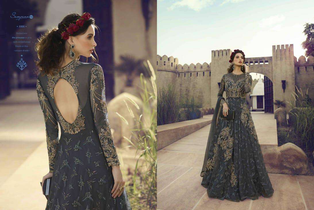 SAGA VOL-5 BY SAMPANN NX 5501 TO 5507 SERIES ANARKALI DESIGNER BEAUTIFUL SUITS COLORFUL STYLISH FANCY CASUAL WEAR & ETHNIC WEAR BUTTERFLY NET/SILK DRESSES AT WHOLESALE PRICE
