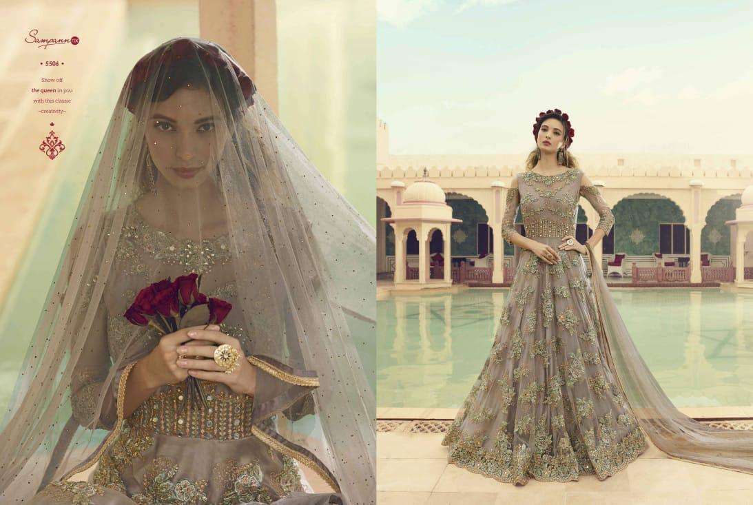 SAGA VOL-5 BY SAMPANN NX 5501 TO 5507 SERIES ANARKALI DESIGNER BEAUTIFUL SUITS COLORFUL STYLISH FANCY CASUAL WEAR & ETHNIC WEAR BUTTERFLY NET/SILK DRESSES AT WHOLESALE PRICE