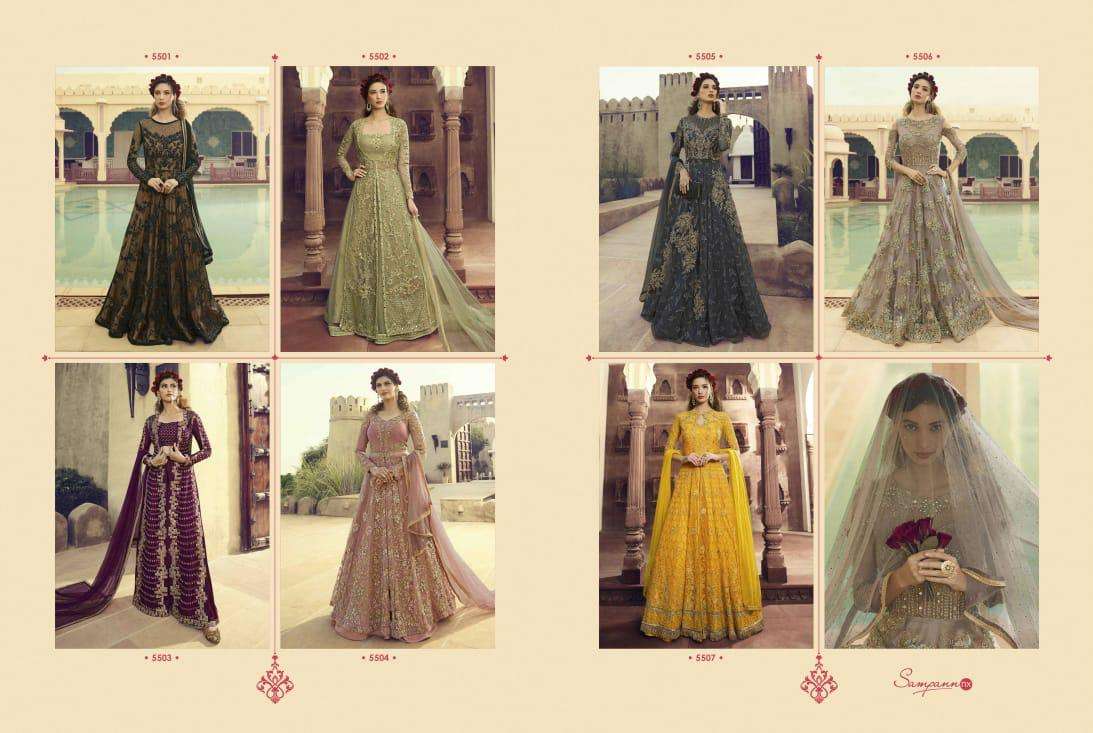 SAGA VOL-5 BY SAMPANN NX 5501 TO 5507 SERIES ANARKALI DESIGNER BEAUTIFUL SUITS COLORFUL STYLISH FANCY CASUAL WEAR & ETHNIC WEAR BUTTERFLY NET/SILK DRESSES AT WHOLESALE PRICE