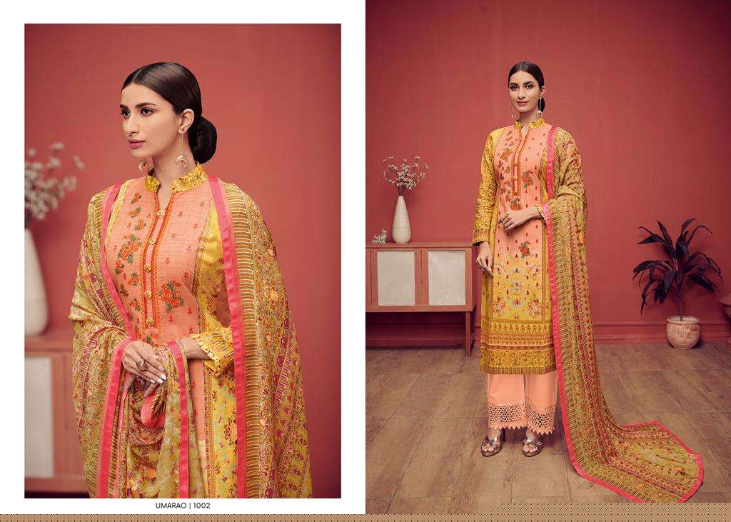 UMARAO BY HOUSE OF LAWN 1001 TO 1010 SERIES BEAUTIFUL STYLISH SHARARA SUITS FANCY COLORFUL CASUAL WEAR & ETHNIC WEAR & READY TO WEAR PURE JAM SATIN PRINTED WITH EMBROIDERY DRESSES AT WHOLESALE PRICE