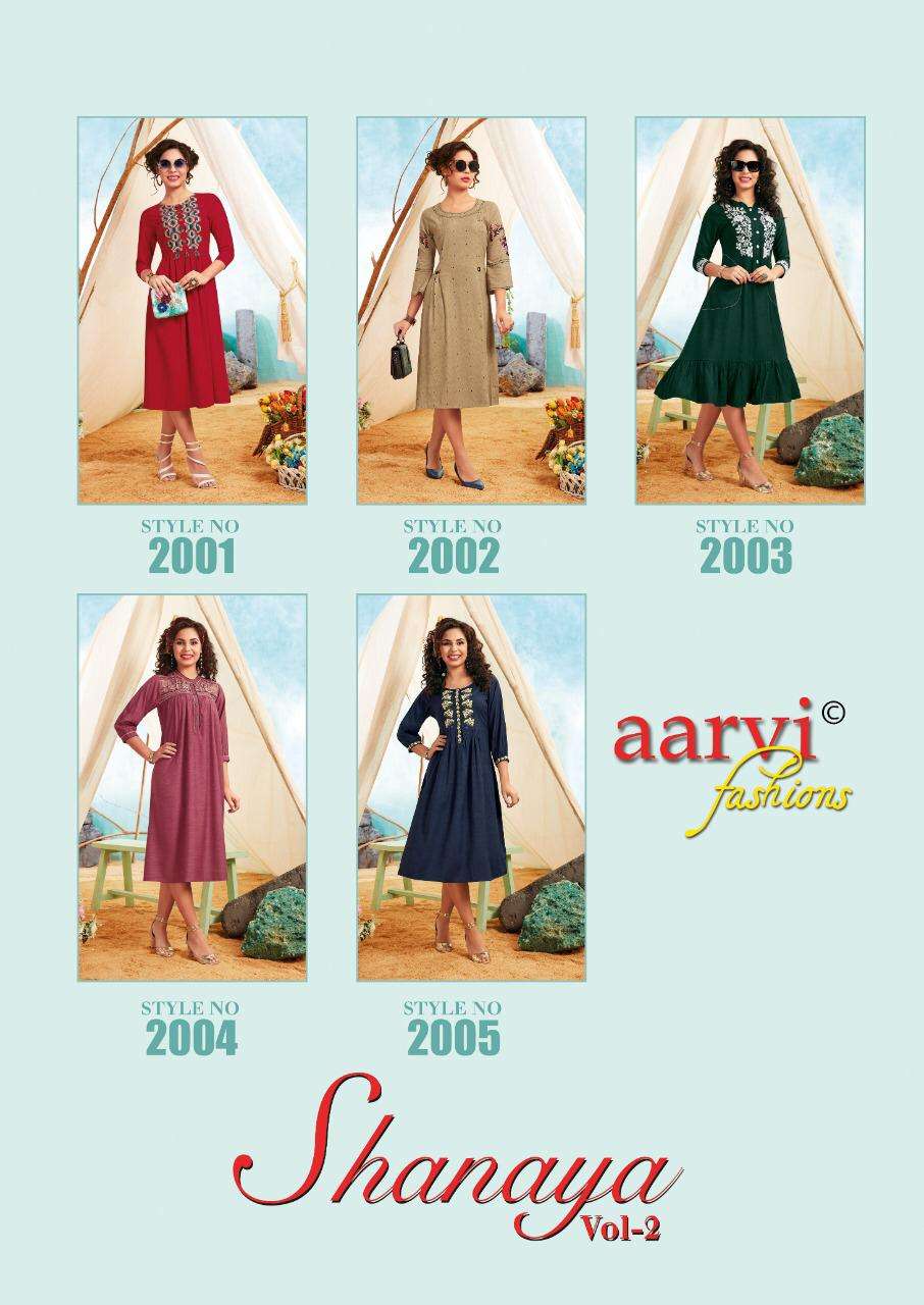 SHANAYA VOL-2 BY AARVI FASHION 2001 TO 2005 SERIES BEAUTIFUL COLORFUL STYLISH FANCY CASUAL WEAR & ETHNIC WEAR & READY TO WEAR RAYON LUXURIYA KURTIS AT WHOLESALE PRICE