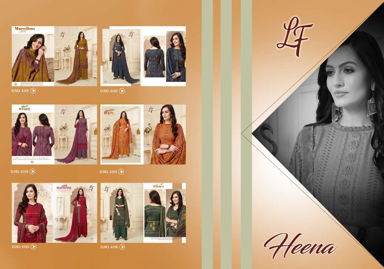 HEENA VOL-41 BY LAVLI FASHION 4101 TO 4106 SERIES BEAUTIFUL STYLISH SHARARA SUITS FANCY COLORFUL CASUAL WEAR & ETHNIC WEAR & READY TO WEAR PURE PASHMINA PRINTED DRESSES AT WHOLESALE PRICE