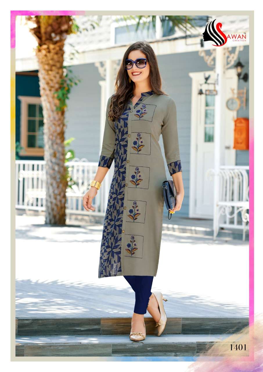 HONEY VOL-14 BY SAWAN CREATION 1401 TO 1412 SERIES BEAUTIFUL COLORFUL STYLISH FANCY CASUAL WEAR & ETHNIC WEAR & READY TO WEAR HEAVY RAYON PRINTED KURTIS AT WHOLESALE PRICE