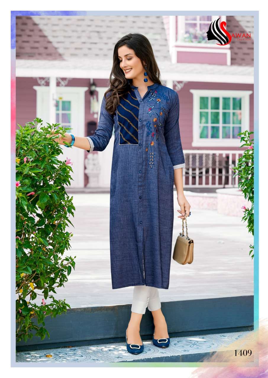 HONEY VOL-14 BY SAWAN CREATION 1401 TO 1412 SERIES BEAUTIFUL COLORFUL STYLISH FANCY CASUAL WEAR & ETHNIC WEAR & READY TO WEAR HEAVY RAYON PRINTED KURTIS AT WHOLESALE PRICE