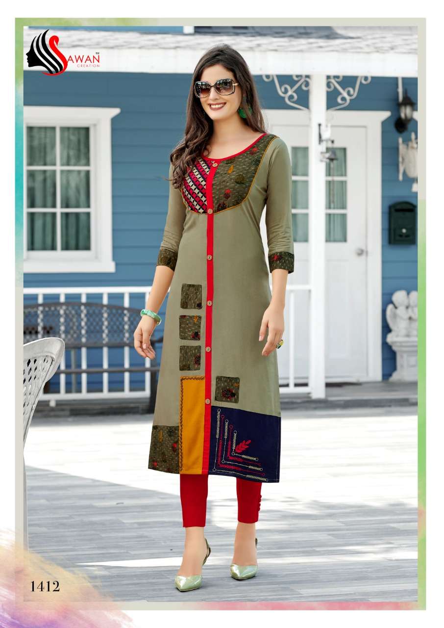 HONEY VOL-14 BY SAWAN CREATION 1401 TO 1412 SERIES BEAUTIFUL COLORFUL STYLISH FANCY CASUAL WEAR & ETHNIC WEAR & READY TO WEAR HEAVY RAYON PRINTED KURTIS AT WHOLESALE PRICE