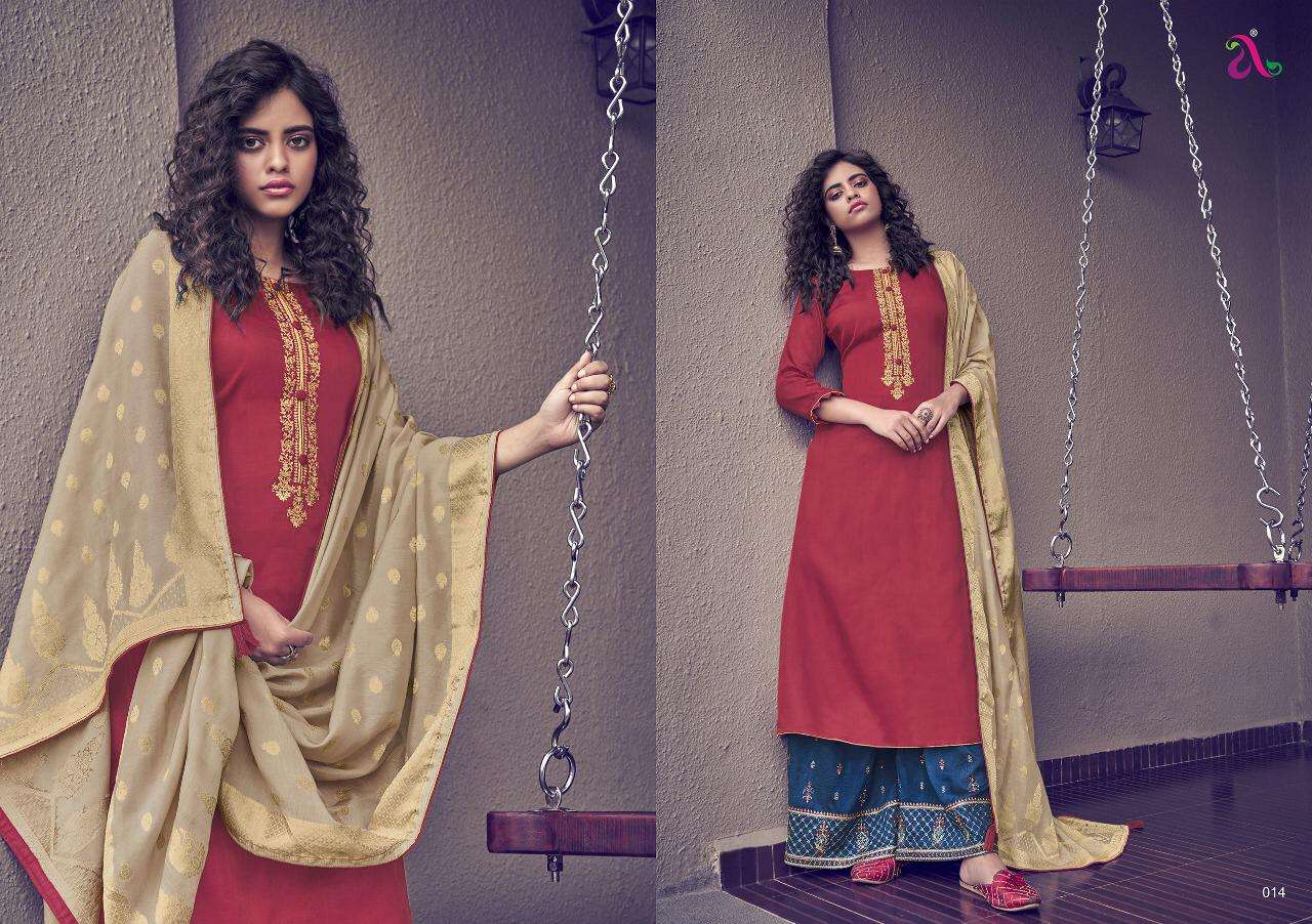 SCARLET BY ANGROOP PLUS 009 TO 016 SERIES BEAUTIFUL STYLISH SHARARA SUITS FANCY COLORFUL CASUAL WEAR & ETHNIC WEAR & READY TO WEAR TUSSAR SILK SATIN WITH EMBROIDERY DRESSES AT WHOLESALE PRICE