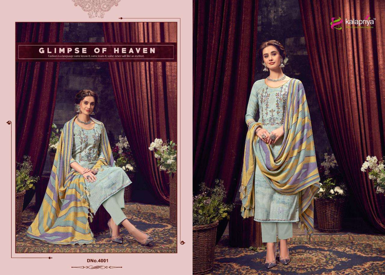IBADAT VOL-4 BY KALAPRIYA 4001 TO 4008 SERIES BEAUTIFUL STYLISH SHARARA SUITS FANCY COLORFUL CASUAL WEAR & ETHNIC WEAR & READY TO WEAR PURE PASHMINA DIGITAL PRINT WITH EMBROIDERY DRESSES AT WHOLESALE PRICE