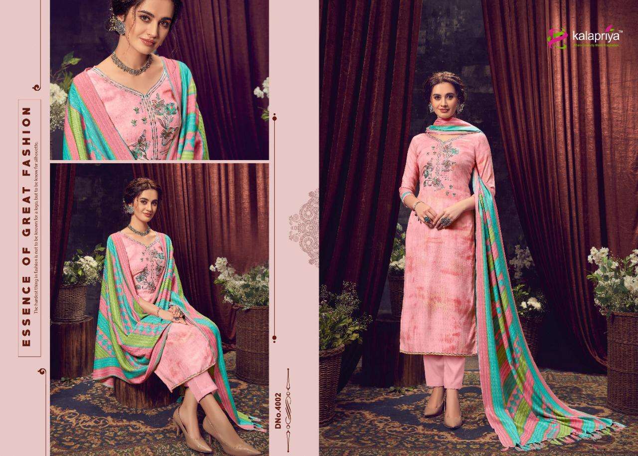 IBADAT VOL-4 BY KALAPRIYA 4001 TO 4008 SERIES BEAUTIFUL STYLISH SHARARA SUITS FANCY COLORFUL CASUAL WEAR & ETHNIC WEAR & READY TO WEAR PURE PASHMINA DIGITAL PRINT WITH EMBROIDERY DRESSES AT WHOLESALE PRICE