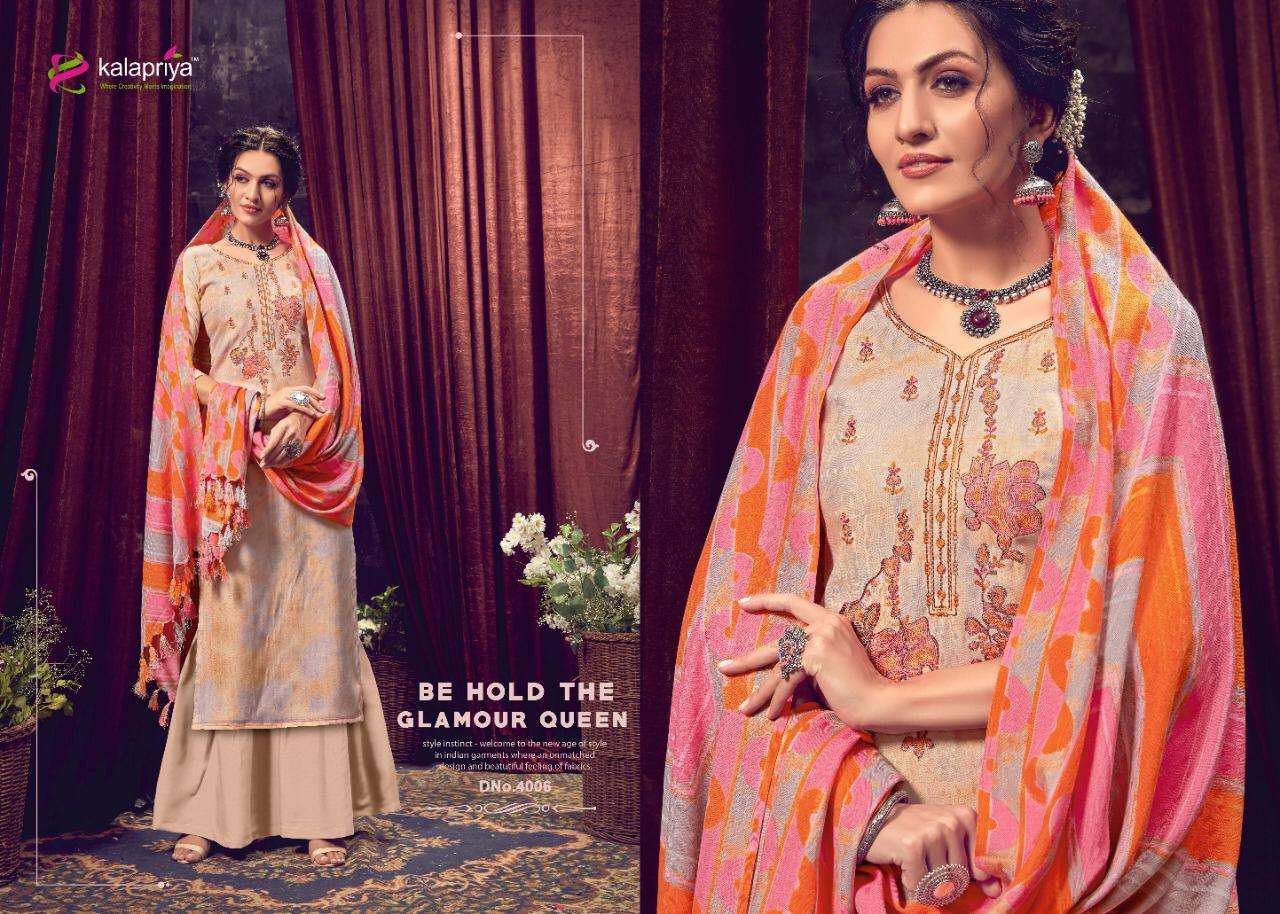 IBADAT VOL-4 BY KALAPRIYA 4001 TO 4008 SERIES BEAUTIFUL STYLISH SHARARA SUITS FANCY COLORFUL CASUAL WEAR & ETHNIC WEAR & READY TO WEAR PURE PASHMINA DIGITAL PRINT WITH EMBROIDERY DRESSES AT WHOLESALE PRICE