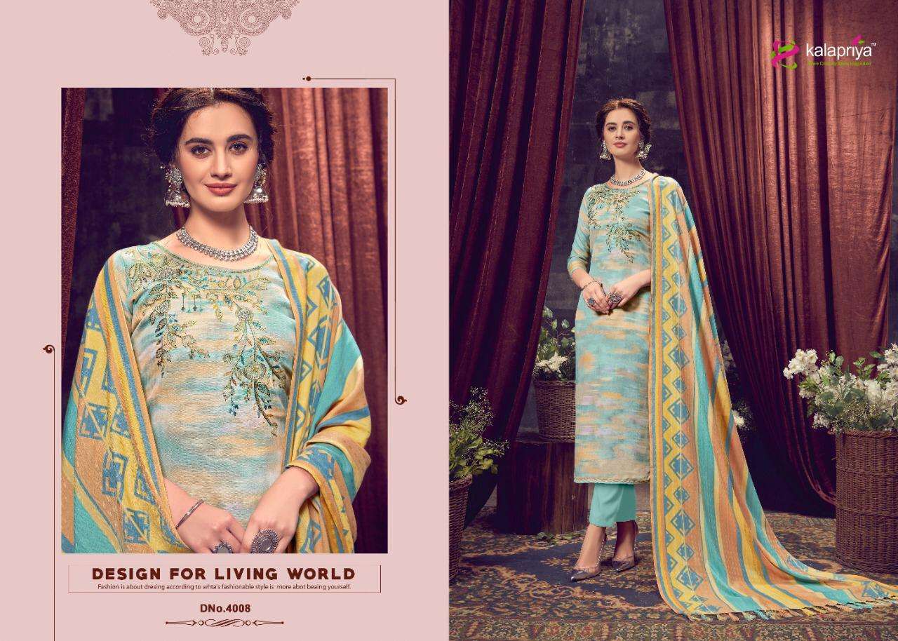 IBADAT VOL-4 BY KALAPRIYA 4001 TO 4008 SERIES BEAUTIFUL STYLISH SHARARA SUITS FANCY COLORFUL CASUAL WEAR & ETHNIC WEAR & READY TO WEAR PURE PASHMINA DIGITAL PRINT WITH EMBROIDERY DRESSES AT WHOLESALE PRICE
