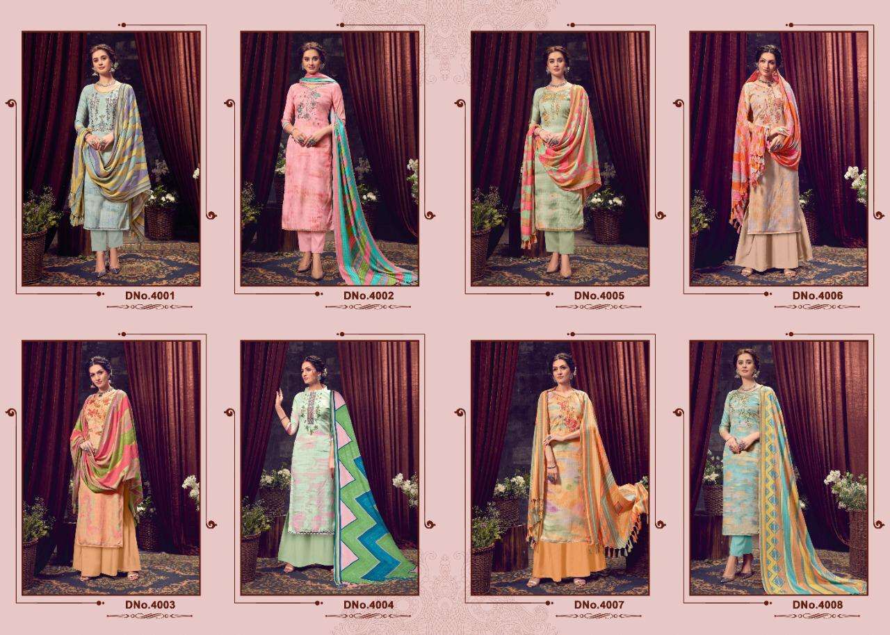 IBADAT VOL-4 BY KALAPRIYA 4001 TO 4008 SERIES BEAUTIFUL STYLISH SHARARA SUITS FANCY COLORFUL CASUAL WEAR & ETHNIC WEAR & READY TO WEAR PURE PASHMINA DIGITAL PRINT WITH EMBROIDERY DRESSES AT WHOLESALE PRICE