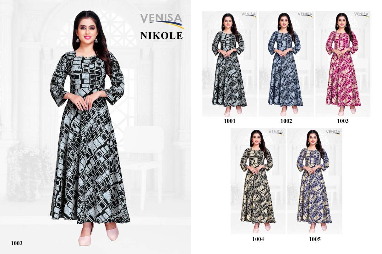 NIKOLE BY VENISA 1001 TO 1005 SERIES DESIGNER BEAUTIFUL STYLISH COLORFUL FANCY READY TO WEAR & CASUAL WEAR & ETHNIC WEAR HEAVY RAYON PRINTED KURTIS AT WHOLESALE PRICE