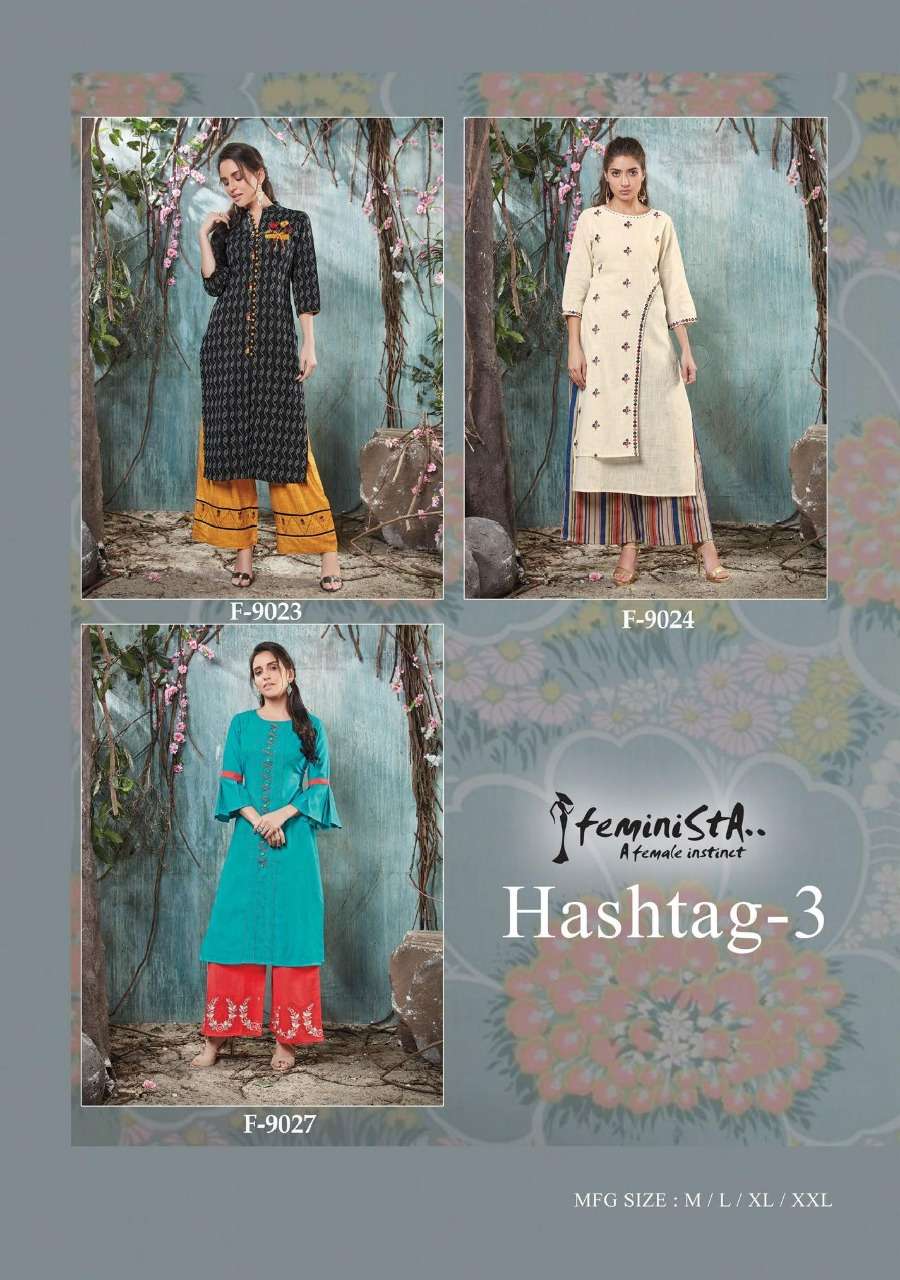 HASHTAG VOL-3 BY FEMINITSA 5021 TO 5027 SERIES BEAUTIFUL STYLISH FANCY COLORFUL CASUAL WEAR & ETHNIC WEAR & READY TO WEAR RAYON/IKKAT/COTTON FLEX/CAMBRIC KURTIS WITH BOTTOM AT WHOLESALE PRICE
