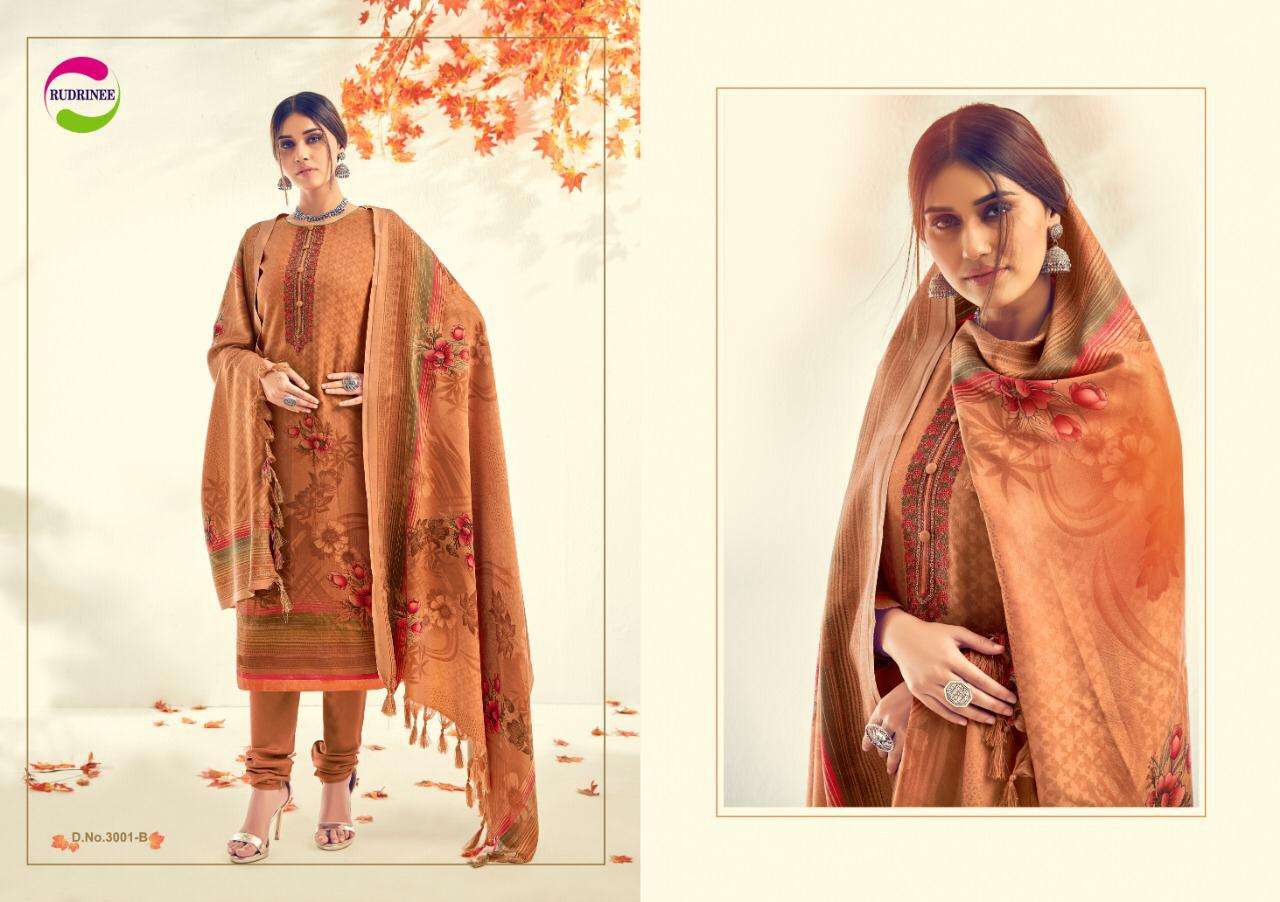 NASHREEN BY RUDRINEE 3001-A TO 3005-B SERIES BEAUTIFUL STYLISH FANCY COLORFUL CASUAL & PARTY WEAR & ETHNIC WEAR COLLECTION PASHMINA DOBBY PRINT WITH EMBROIDERED DRESSES AT WHOLESALE PRICE