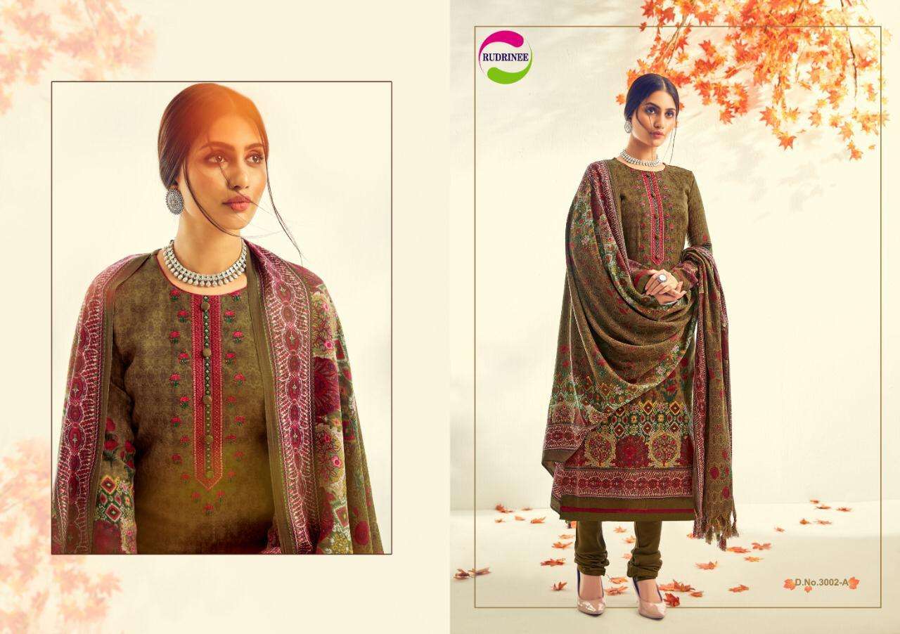 NASHREEN BY RUDRINEE 3001-A TO 3005-B SERIES BEAUTIFUL STYLISH FANCY COLORFUL CASUAL & PARTY WEAR & ETHNIC WEAR COLLECTION PASHMINA DOBBY PRINT WITH EMBROIDERED DRESSES AT WHOLESALE PRICE
