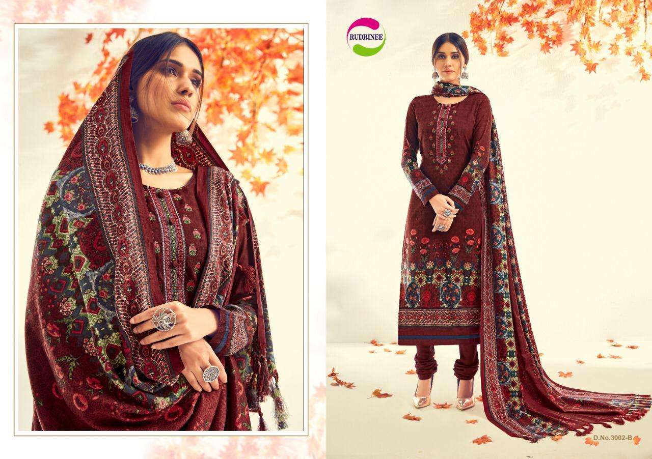 NASHREEN BY RUDRINEE 3001-A TO 3005-B SERIES BEAUTIFUL STYLISH FANCY COLORFUL CASUAL & PARTY WEAR & ETHNIC WEAR COLLECTION PASHMINA DOBBY PRINT WITH EMBROIDERED DRESSES AT WHOLESALE PRICE
