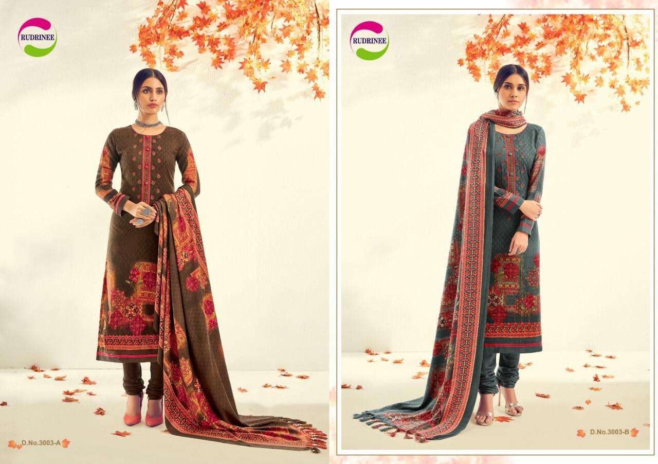 NASHREEN BY RUDRINEE 3001-A TO 3005-B SERIES BEAUTIFUL STYLISH FANCY COLORFUL CASUAL & PARTY WEAR & ETHNIC WEAR COLLECTION PASHMINA DOBBY PRINT WITH EMBROIDERED DRESSES AT WHOLESALE PRICE