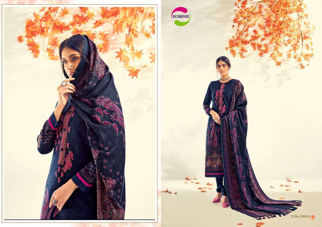 NASHREEN BY RUDRINEE 3001-A TO 3005-B SERIES BEAUTIFUL STYLISH FANCY COLORFUL CASUAL & PARTY WEAR & ETHNIC WEAR COLLECTION PASHMINA DOBBY PRINT WITH EMBROIDERED DRESSES AT WHOLESALE PRICE