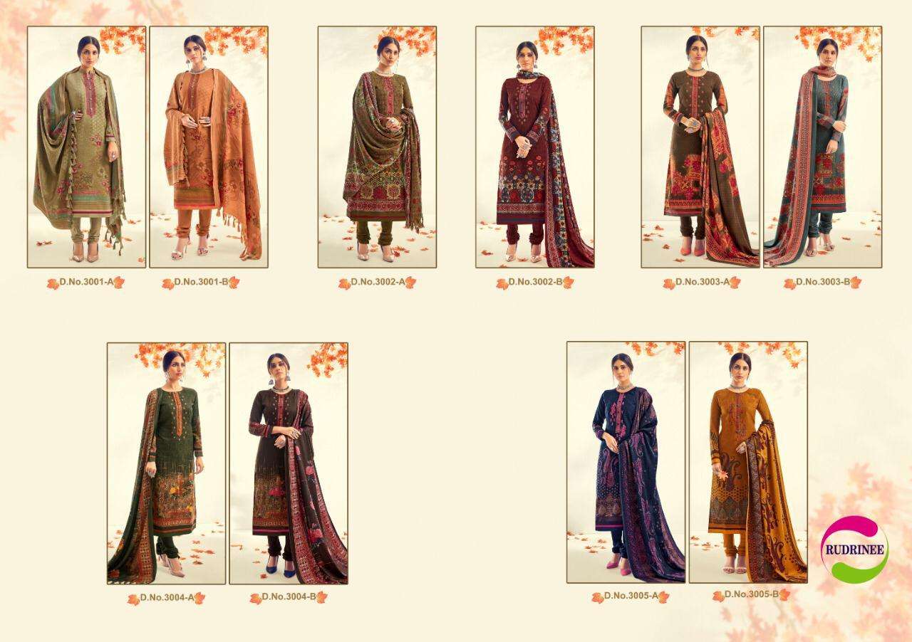 NASHREEN BY RUDRINEE 3001-A TO 3005-B SERIES BEAUTIFUL STYLISH FANCY COLORFUL CASUAL & PARTY WEAR & ETHNIC WEAR COLLECTION PASHMINA DOBBY PRINT WITH EMBROIDERED DRESSES AT WHOLESALE PRICE