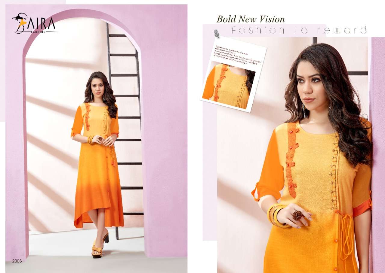 SAIRA VOL-2 BY RAM FASHION 2001 TO 2006 SERIES BEAUTIFUL COLORFUL STYLISH FANCY CASUAL WEAR & ETHNIC WEAR & READY TO WEAR RAYON SLUB WITH SHADED EMBROIDERY KURTIS AT WHOLESALE PRICE