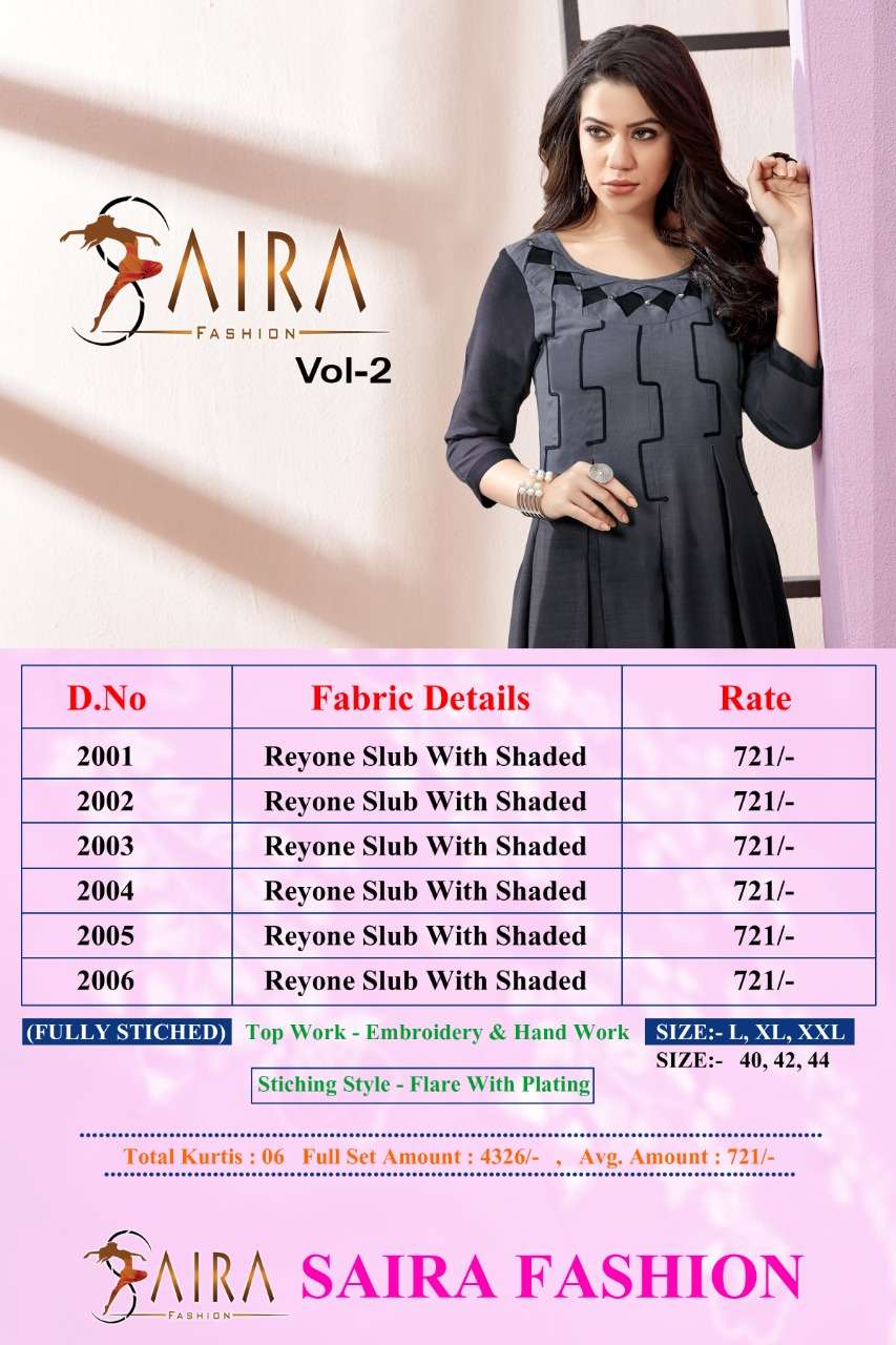 SAIRA VOL-2 BY RAM FASHION 2001 TO 2006 SERIES BEAUTIFUL COLORFUL STYLISH FANCY CASUAL WEAR & ETHNIC WEAR & READY TO WEAR RAYON SLUB WITH SHADED EMBROIDERY KURTIS AT WHOLESALE PRICE