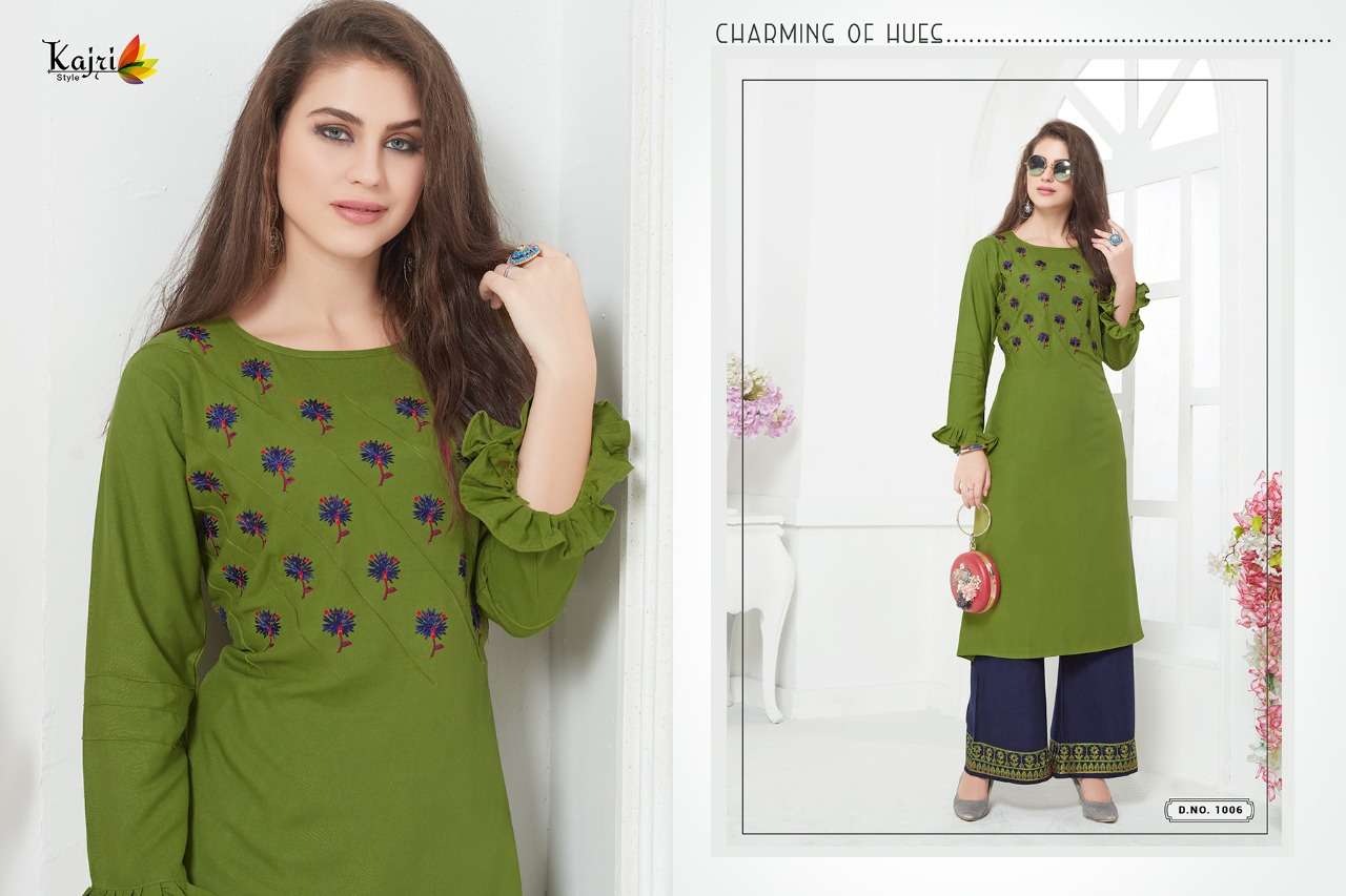 NOOR VOL-5 BY KAJRI STYLE 1001 TO 1008 SERIES BEAUTIFUL COLORFUL STYLISH FANCY CASUAL WEAR & ETHNIC WEAR & READY TO WEAR RAYON WITH HEAVY WORK KURTIS AT WHOLESALE PRICE